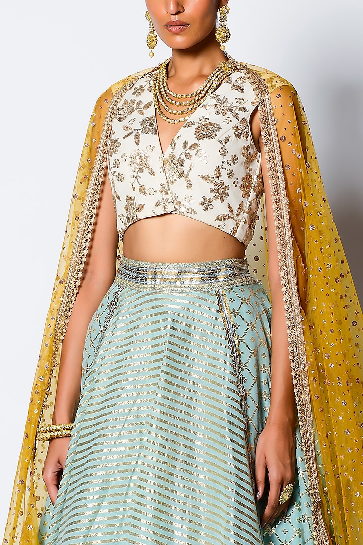 Mint & White Paneled Circular Wedding Lehenga Set by Rishi & Vibhuti at Pernia's Pop Up Shop