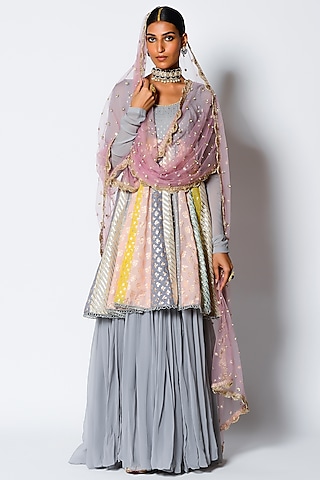 Grey Embroidered Gathered Anarkali Set by Rishi & Vibhuti