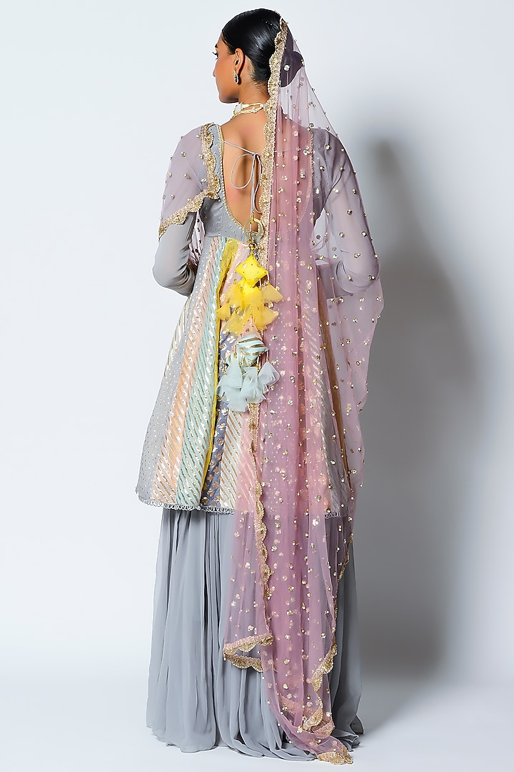 Grey Embroidered Gathered Wedding Anarkali Set by Rishi & Vibhuti at Pernia's Pop Up Shop