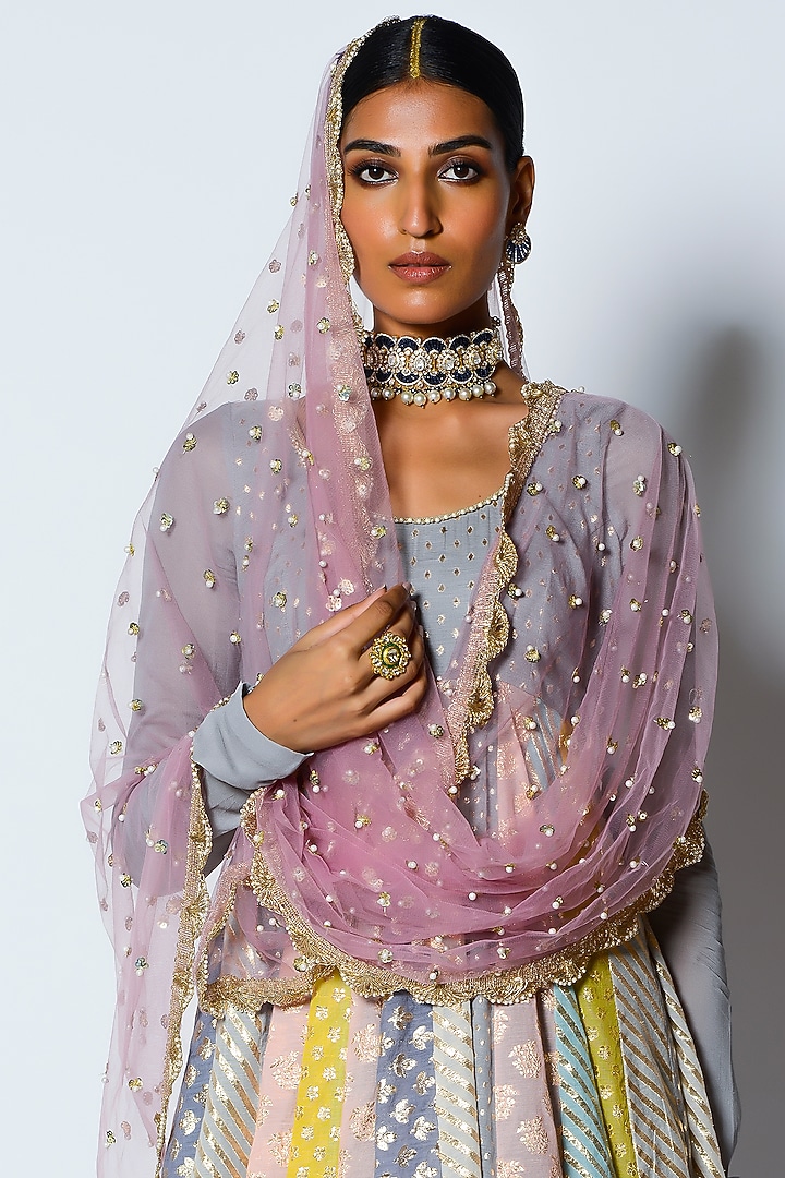 Grey Embroidered Gathered Wedding Anarkali Set by Rishi & Vibhuti at Pernia's Pop Up Shop