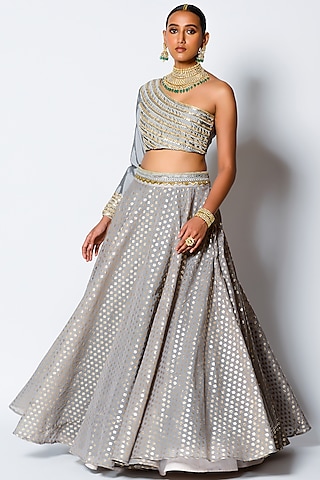 Grey Embroidered Circular Lehenga Set by Rishi & Vibhuti