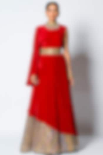 Crimson Red Crepe Cape Set by Rishi & Vibhuti