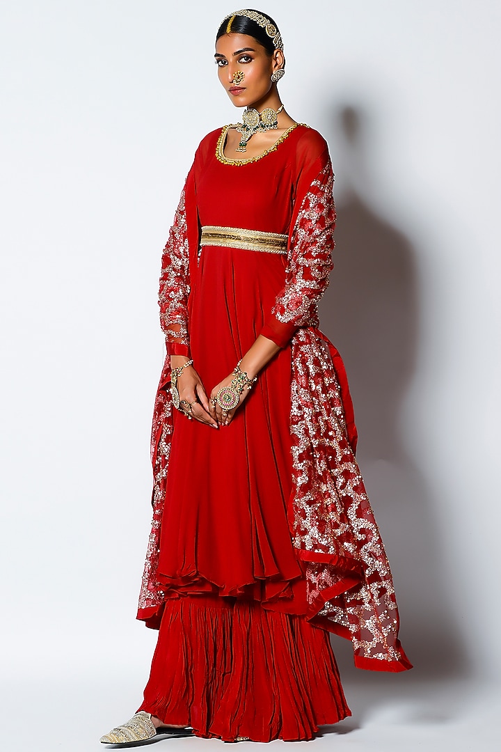 Crimson Red Embroidered Short Anarkali Set by Rishi & Vibhuti