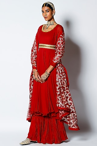 Crimson Red Embroidered Short Anarkali Set by Rishi & Vibhuti