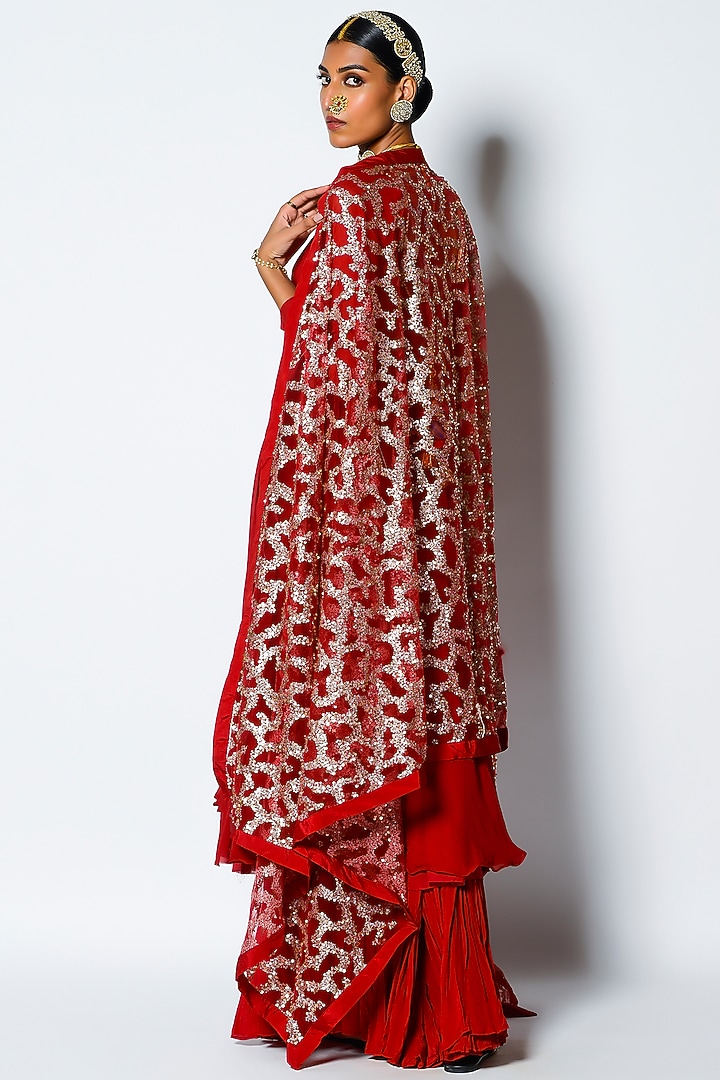 Crimson Red Embroidered Short Wedding Anarkali Set by Rishi & Vibhuti at Pernia's Pop Up Shop