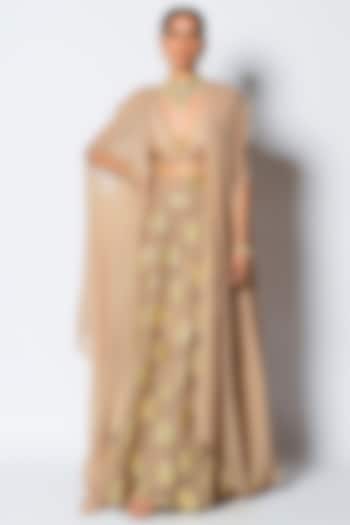Golden Embroidered Circular Skirt Set With Cape by Rishi & Vibhuti