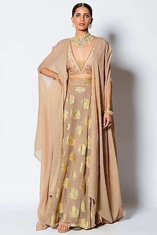 Golden Embroidered Circular Skirt Set With Cape by Rishi & Vibhuti