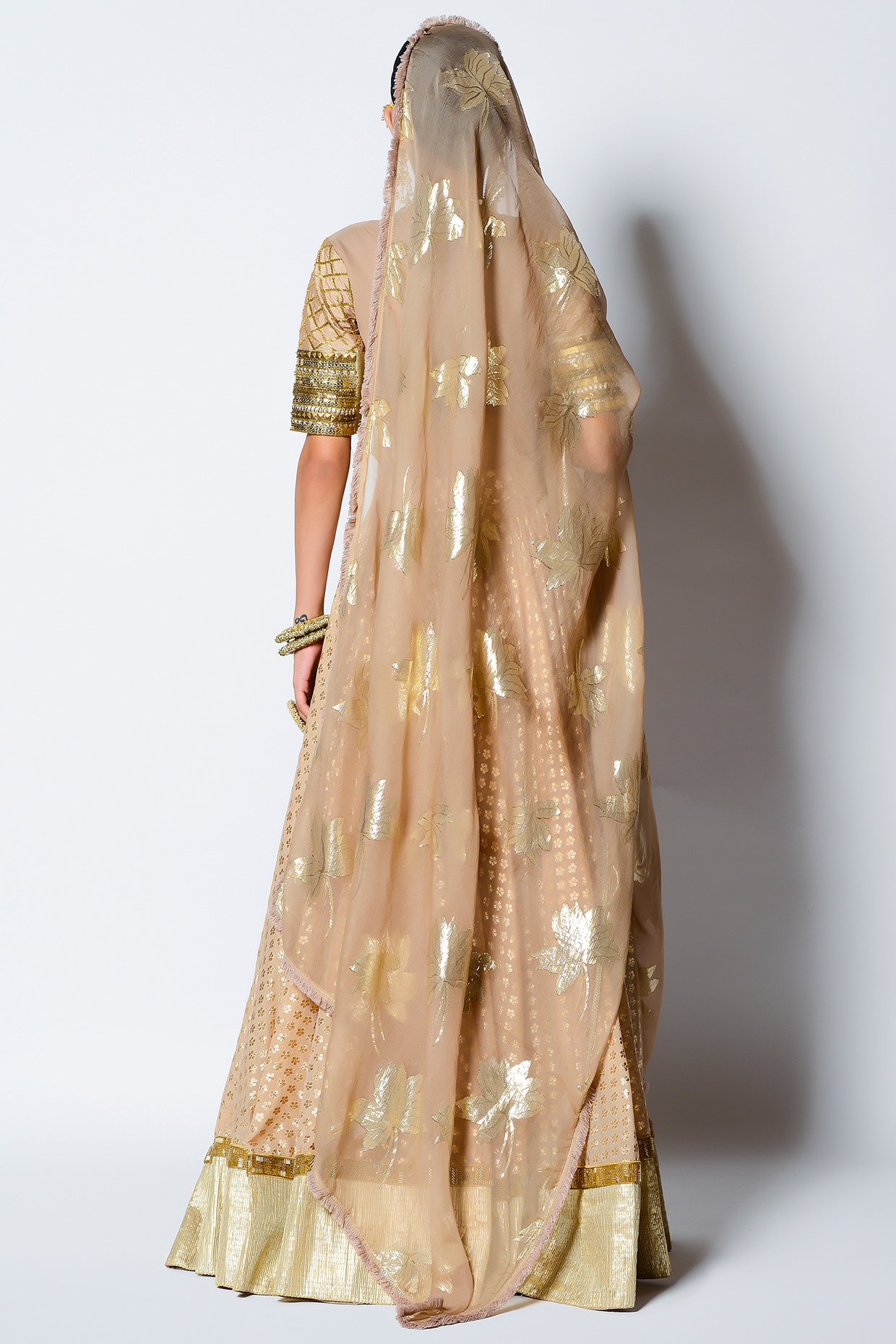 Golden Embroidered Semi Stitched Lehenga with Dupatta