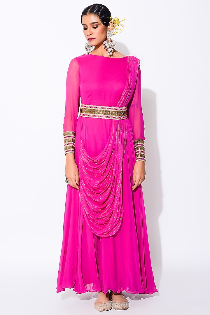 Hot Pink Embroidered Maxi Dress by Rishi & Vibhuti