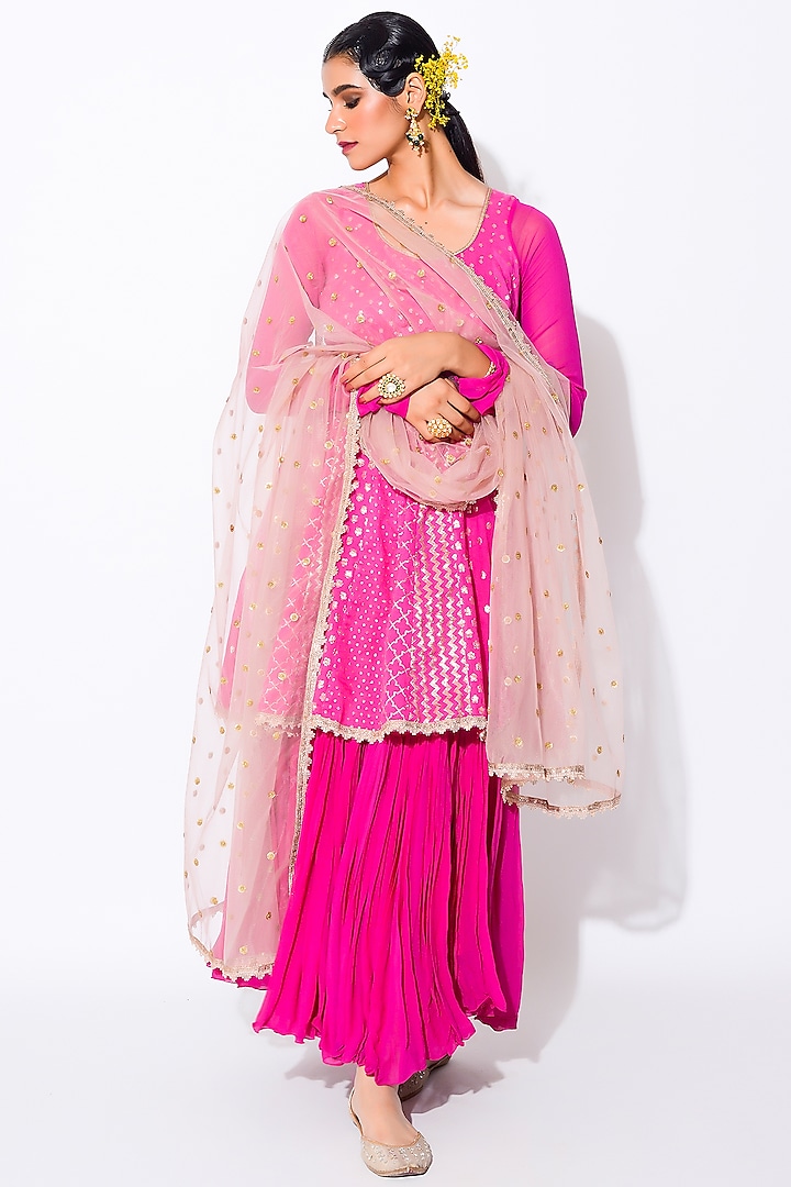 Hot Pink Chanderi Double-Layered Anarkali Set by Rishi & Vibhuti at Pernia's Pop Up Shop