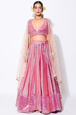 Hot Pink Embroidered Lehenga Set by Rishi & Vibhuti