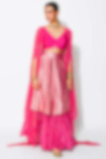 Hot Pink Double-Layered Wedding Lehenga Set With Cape by Rishi & Vibhuti at Pernia's Pop Up Shop