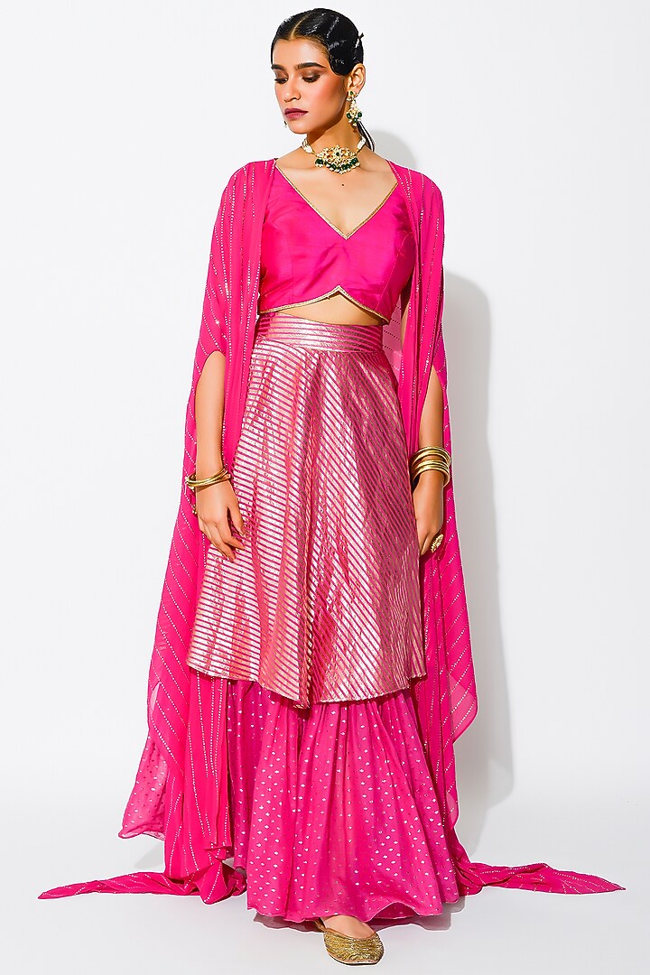 Hot Pink Double-Layered Wedding Lehenga Set With Cape by Rishi & Vibhuti at Pernia's Pop Up Shop