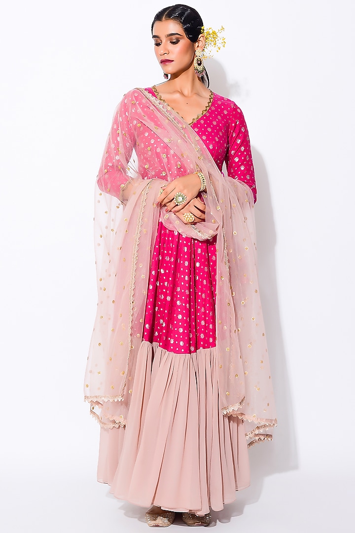 Hot Pink Embroidered Angrakha Anarkali Set by Rishi & Vibhuti