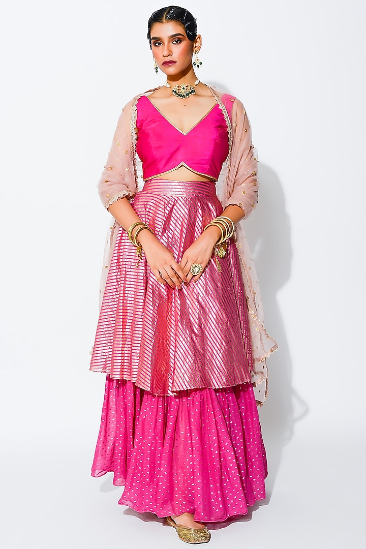 Hot Pink Double-Layered Lehenga Set by Rishi & Vibhuti