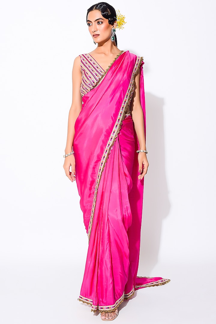 Hot Pink Opara Silk And Raw Silk Saree Set Design By Rishi And Vibhuti At Pernias Pop Up Shop 2023