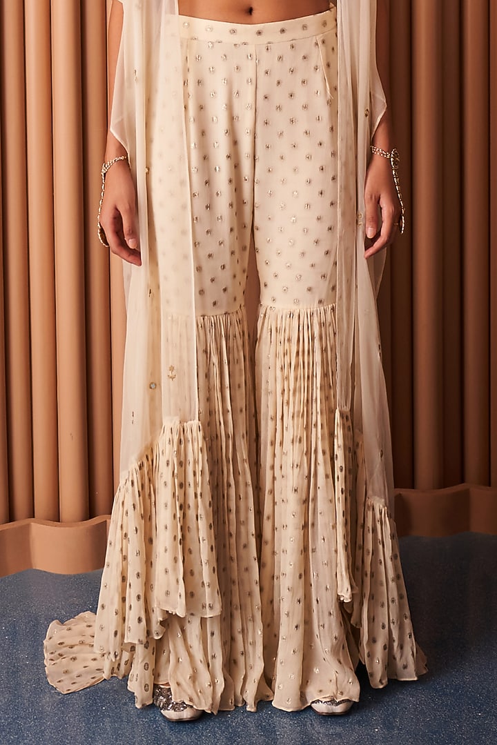 Ivory Georgette Sequins & Zari Embroidered Cape Set by Rishi & Vibhuti at Pernia's Pop Up Shop