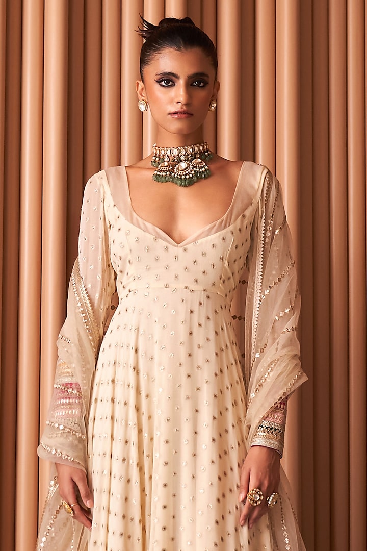 Ivory Chanderi & Organza Embroidered Wedding Anarkali Set by Rishi & Vibhuti at Pernia's Pop Up Shop