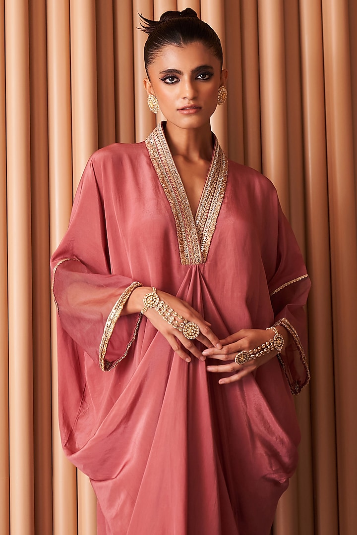Champagne Rust Crepe Sequins & Zari Embroidered Kaftan by Rishi & Vibhuti at Pernia's Pop Up Shop