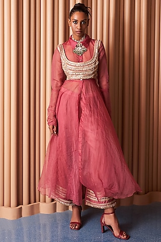 Champagne Rust Organza & Crepe Kurta Set by Rishi & Vibhuti
