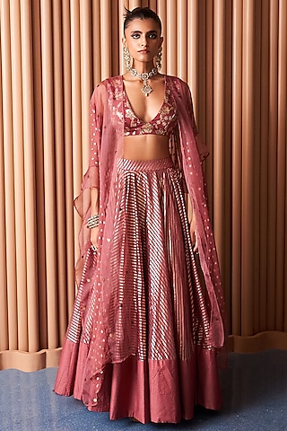Champagne Rust Chanderi Embroidered Jacket Lehenga Set by Rishi & Vibhuti