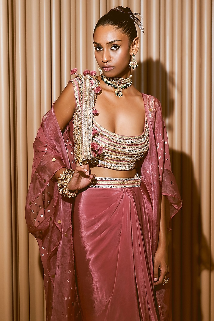 Champagne Rust Crepe & Organza Draped Skirt Set by Rishi & Vibhuti at Pernia's Pop Up Shop