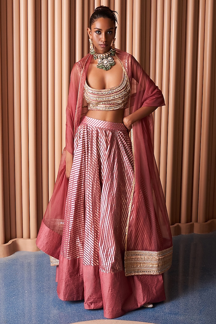 Champagne Rust Organza & Chanderi Embroidered Wedding Lehenga Set by Rishi & Vibhuti at Pernia's Pop Up Shop