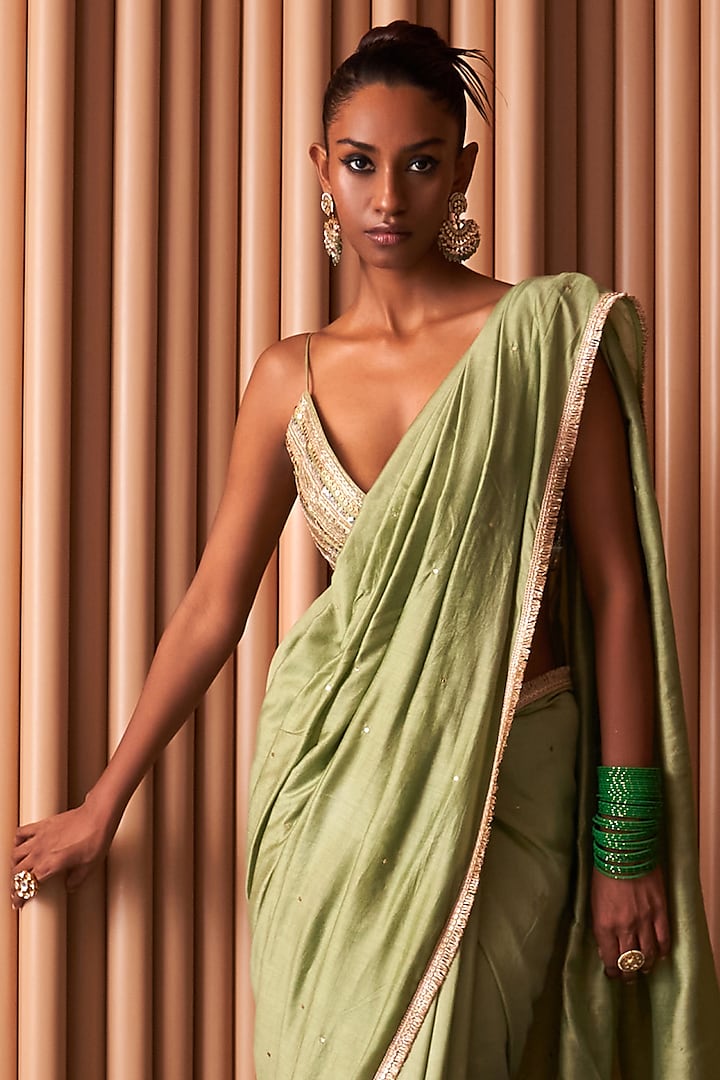 Mint Green Chiffon Wedding Saree Set by Rishi & Vibhuti at Pernia's Pop Up Shop