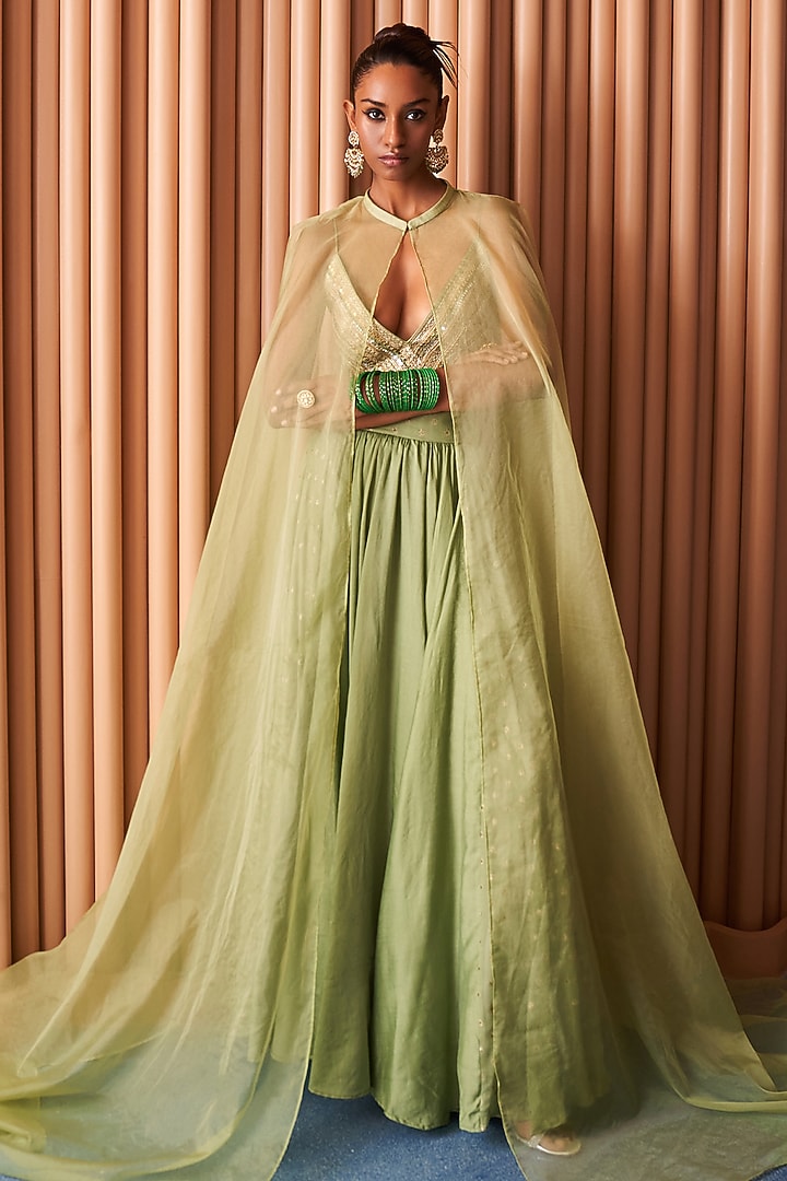 Mint Green Chanderi & Organza Jacket Lehenga Set by Rishi & Vibhuti at Pernia's Pop Up Shop