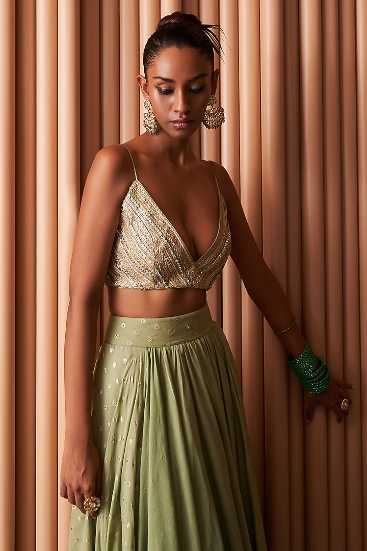 Mint Green Chanderi & Organza Jacket Lehenga Set by Rishi & Vibhuti at Pernia's Pop Up Shop