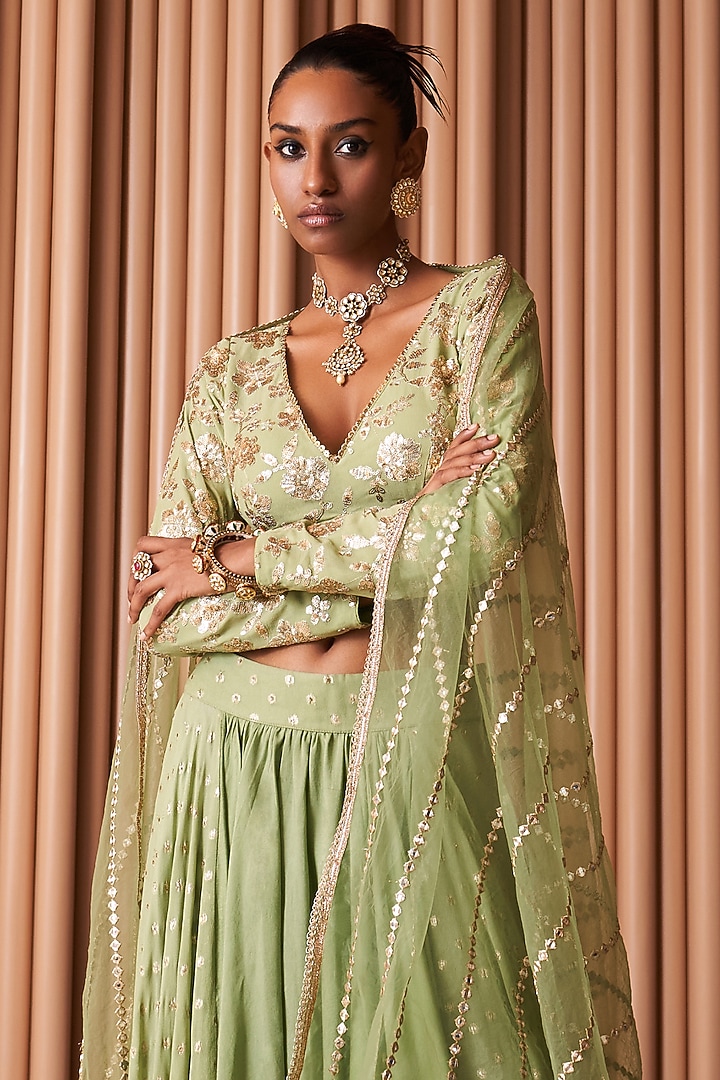 Mint Green Chanderi Wedding Lehenga Set by Rishi & Vibhuti at Pernia's Pop Up Shop