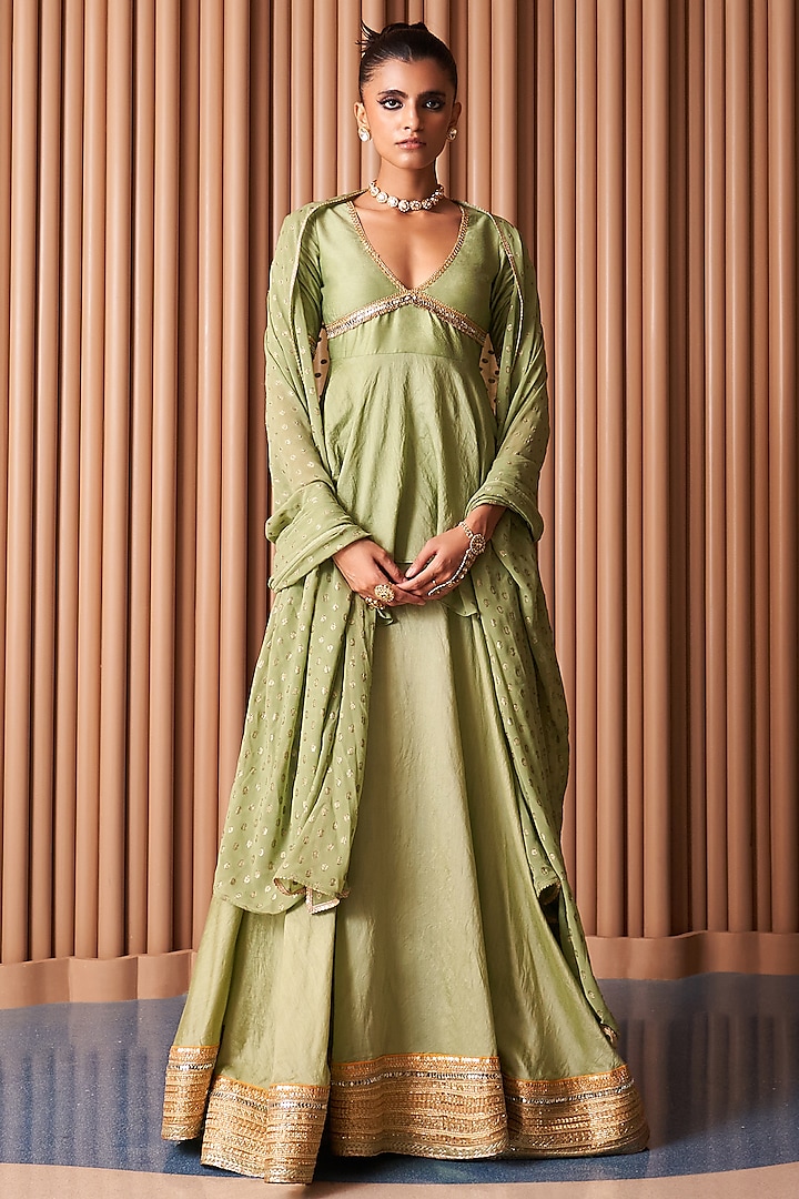 Mint Green Chanderi Sequins Embroidered Wedding Lehenga Set by Rishi & Vibhuti at Pernia's Pop Up Shop