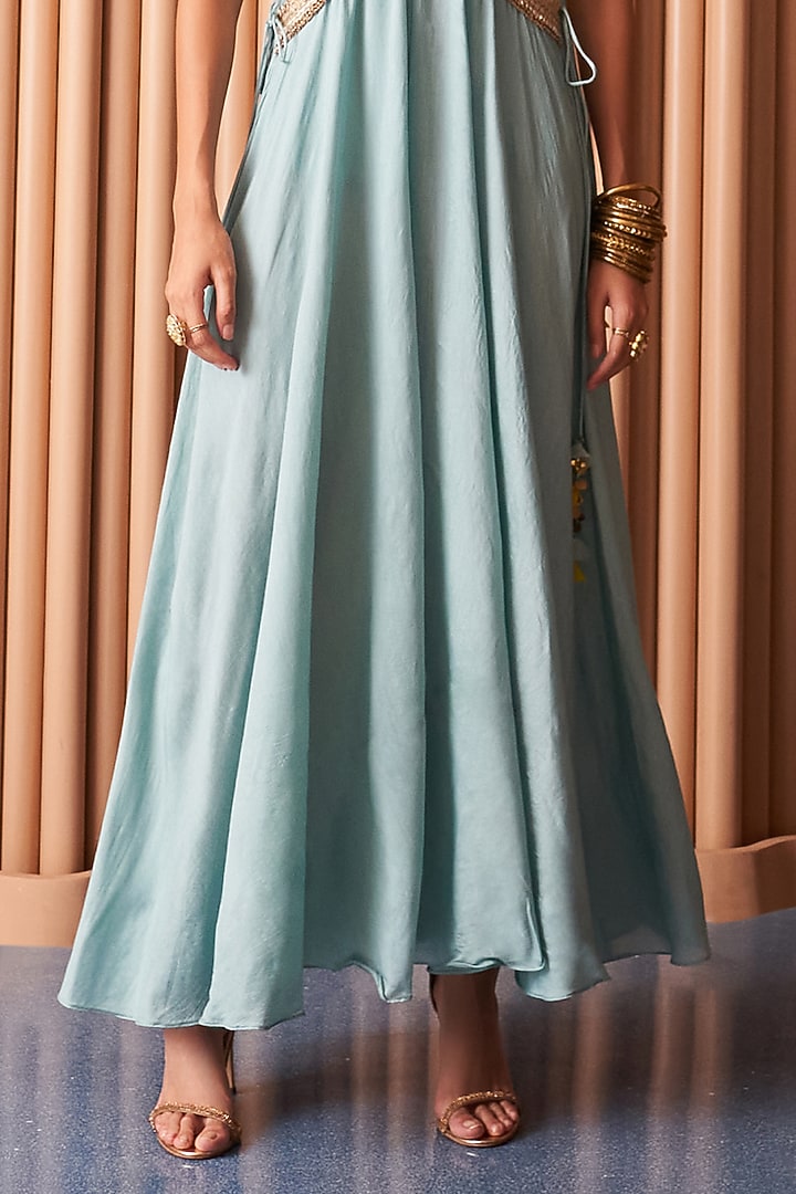 Powder Blue Chanderi Embroidered Jumpsuit by Rishi & Vibhuti at Pernia's Pop Up Shop