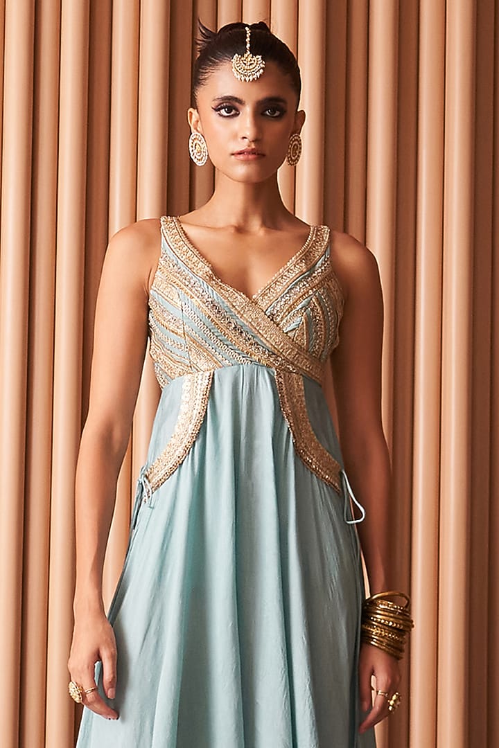 Powder Blue Chanderi Embroidered Jumpsuit by Rishi & Vibhuti at Pernia's Pop Up Shop