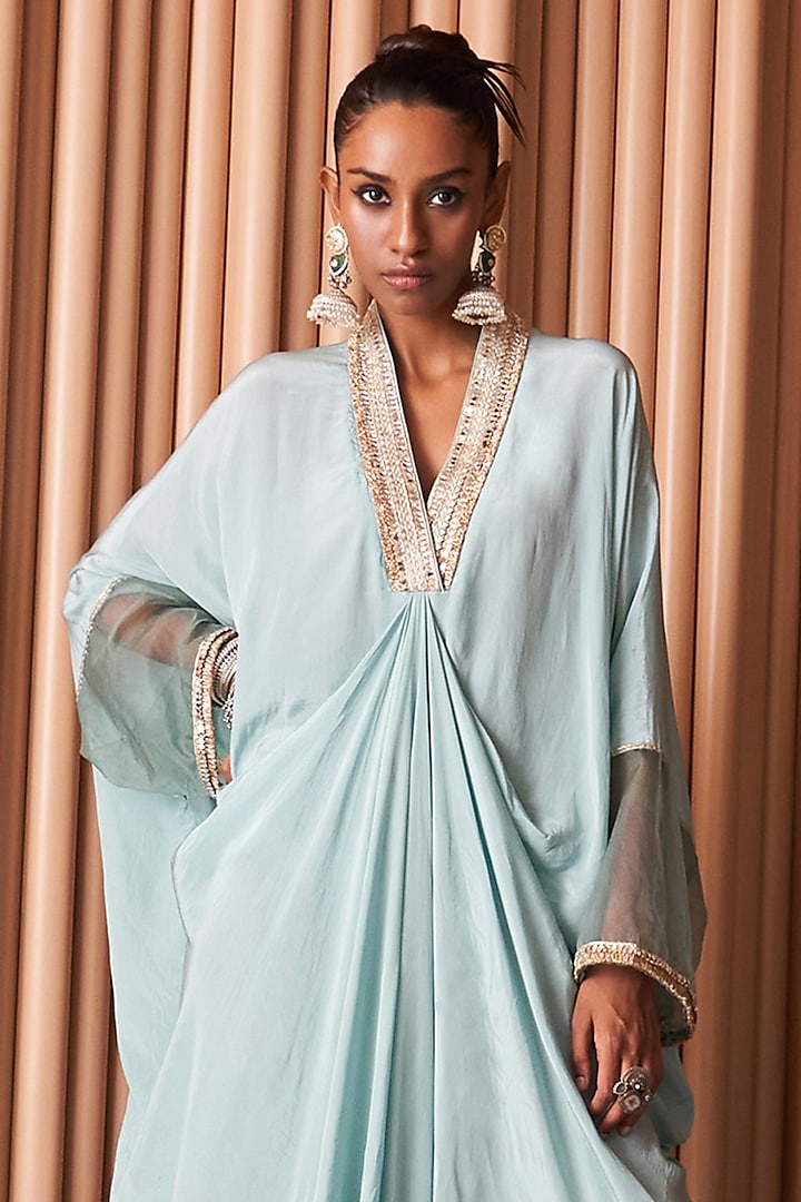 Powder Blue Crepe Embroidered Kaftan by Rishi & Vibhuti at Pernia's Pop Up Shop