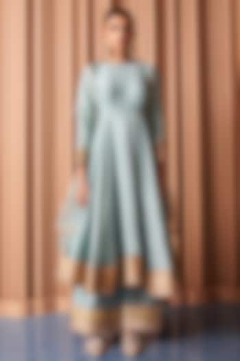 Powder Blue Crepe Embroidered Wedding Anarkali Set by Rishi & Vibhuti at Pernia's Pop Up Shop