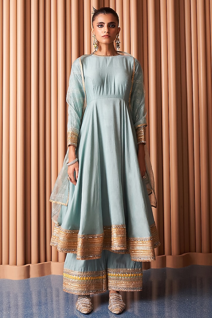 Powder Blue Crepe Embroidered Wedding Anarkali Set by Rishi & Vibhuti at Pernia's Pop Up Shop