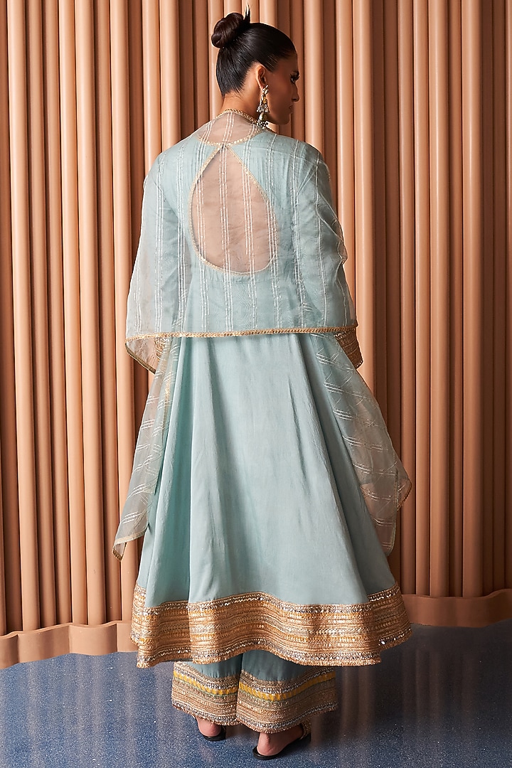 Powder Blue Crepe Embroidered Wedding Anarkali Set by Rishi & Vibhuti at Pernia's Pop Up Shop