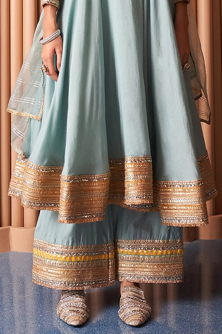 Powder Blue Crepe Embroidered Wedding Anarkali Set by Rishi & Vibhuti at Pernia's Pop Up Shop