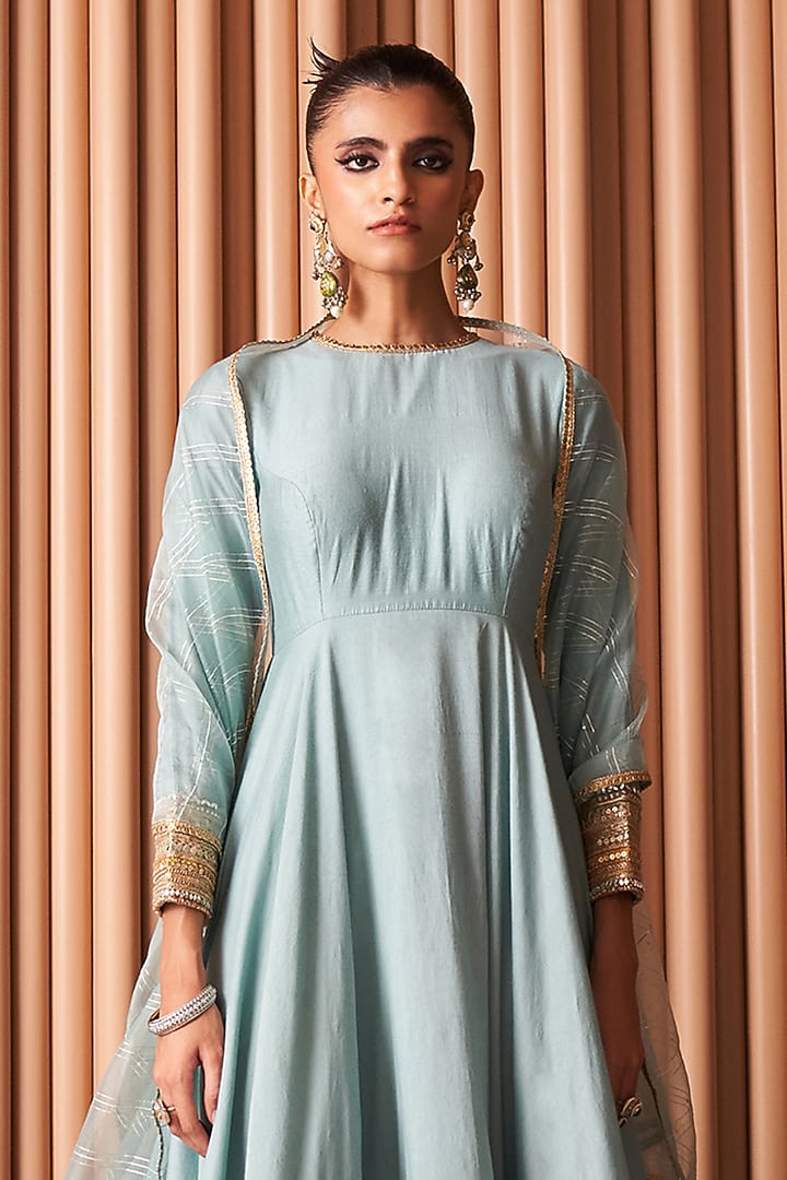 Powder Blue Crepe Embroidered Wedding Anarkali Set by Rishi & Vibhuti at Pernia's Pop Up Shop