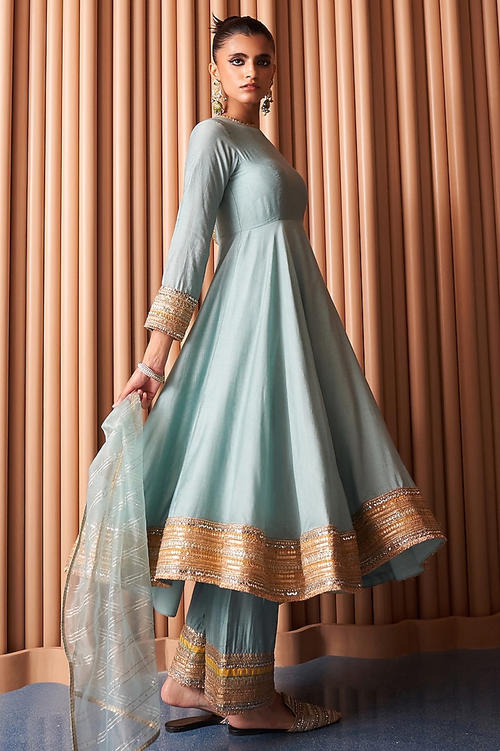 Powder Blue Crepe Embroidered Wedding Anarkali Set by Rishi & Vibhuti at Pernia's Pop Up Shop