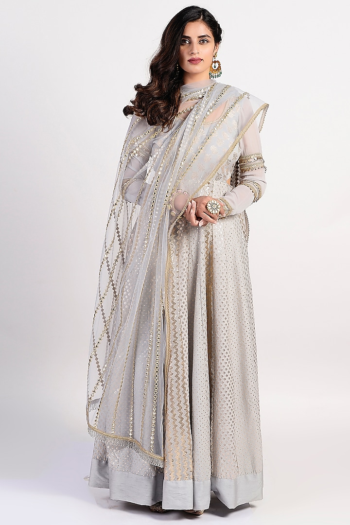 Grey Embroidered Anarkali With Dupatta by Rishi & Vibhuti at Pernia's Pop Up Shop