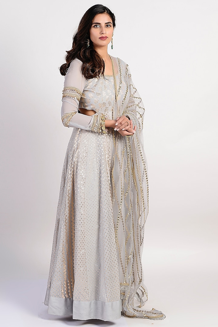 Grey Embroidered Wedding Anarkali With Dupatta by Rishi & Vibhuti at Pernia's Pop Up Shop