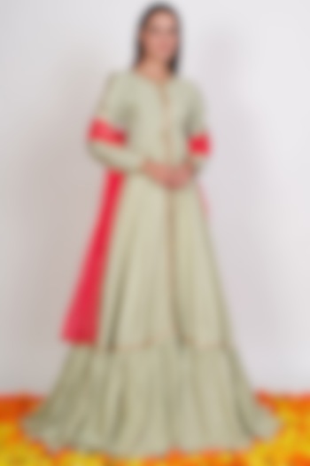 Mint Green Party Wear Anarkali With Red Dupatta by Rishi & Vibhuti at Pernia's Pop Up Shop
