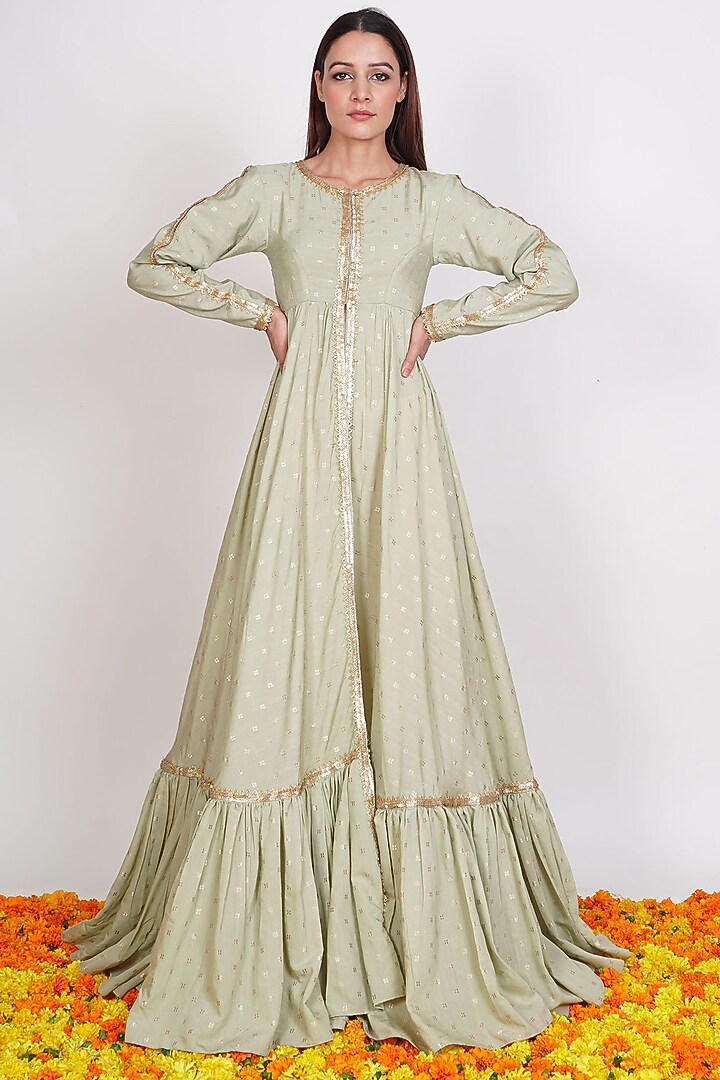 Mint Green Party Wear Anarkali With Red Dupatta by Rishi & Vibhuti at Pernia's Pop Up Shop