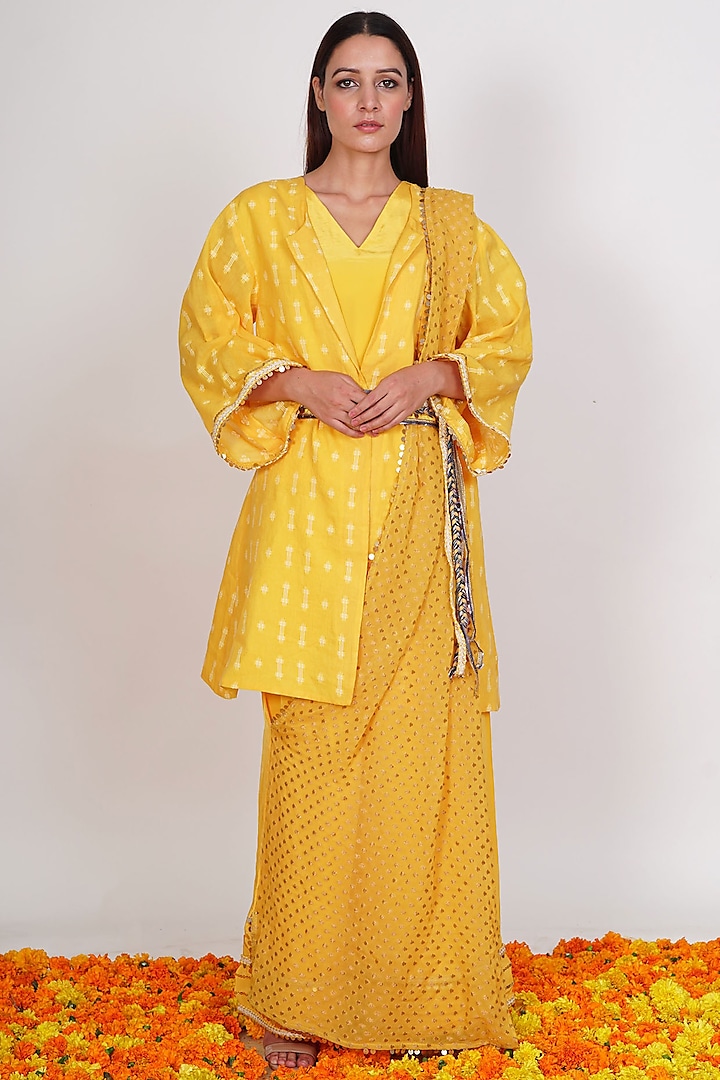 Yellow Bugle Beads Blazer Saree Set by Rishi & Vibhuti