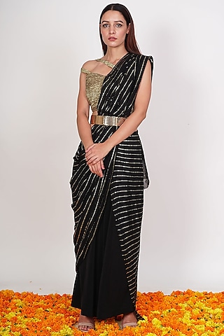Black Crepe Pre-Draped Pant Saree Set by Rishi & Vibhuti