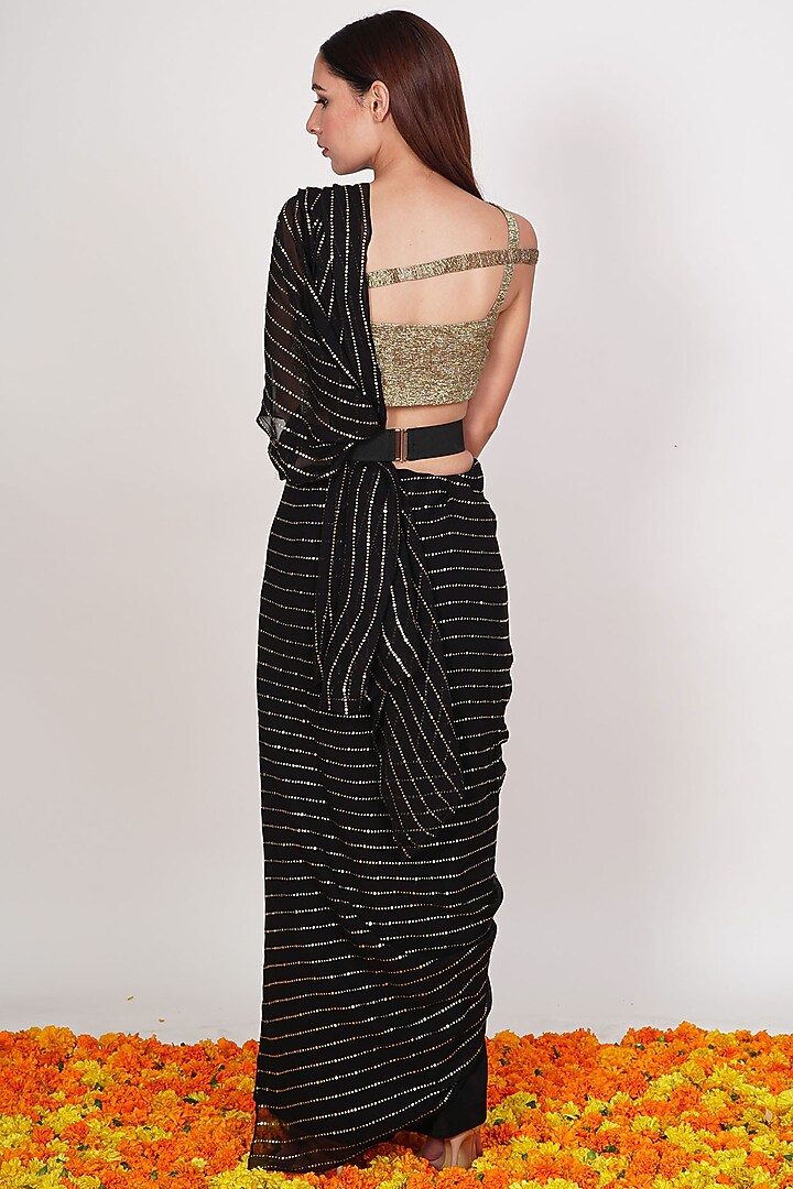 Black Crepe Pre-Draped Pant Wedding Saree Set by Rishi & Vibhuti at Pernia's Pop Up Shop