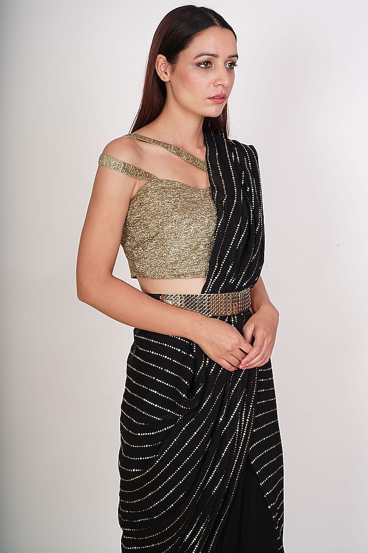 Black Crepe Pre-Draped Pant Wedding Saree Set by Rishi & Vibhuti at Pernia's Pop Up Shop