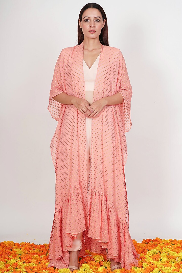 Peach Gathered Chanderi Cape by Rishi & Vibhuti at Pernia's Pop Up Shop